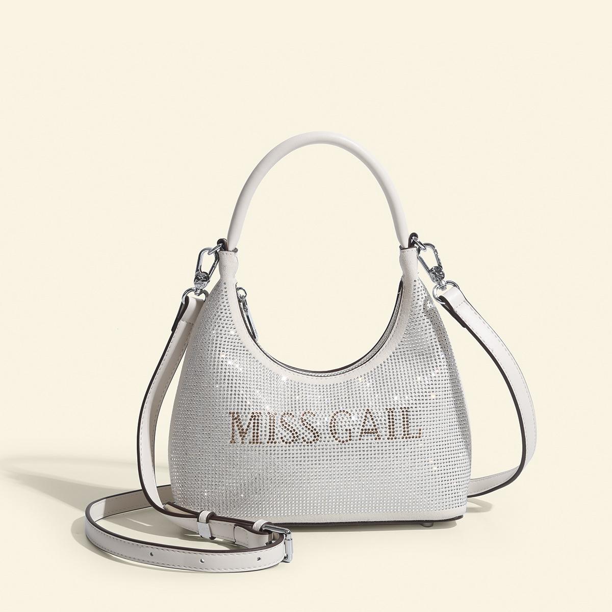 Soft leather versatile fashion handbag with rhinestones, crescent-shaped bag for women
