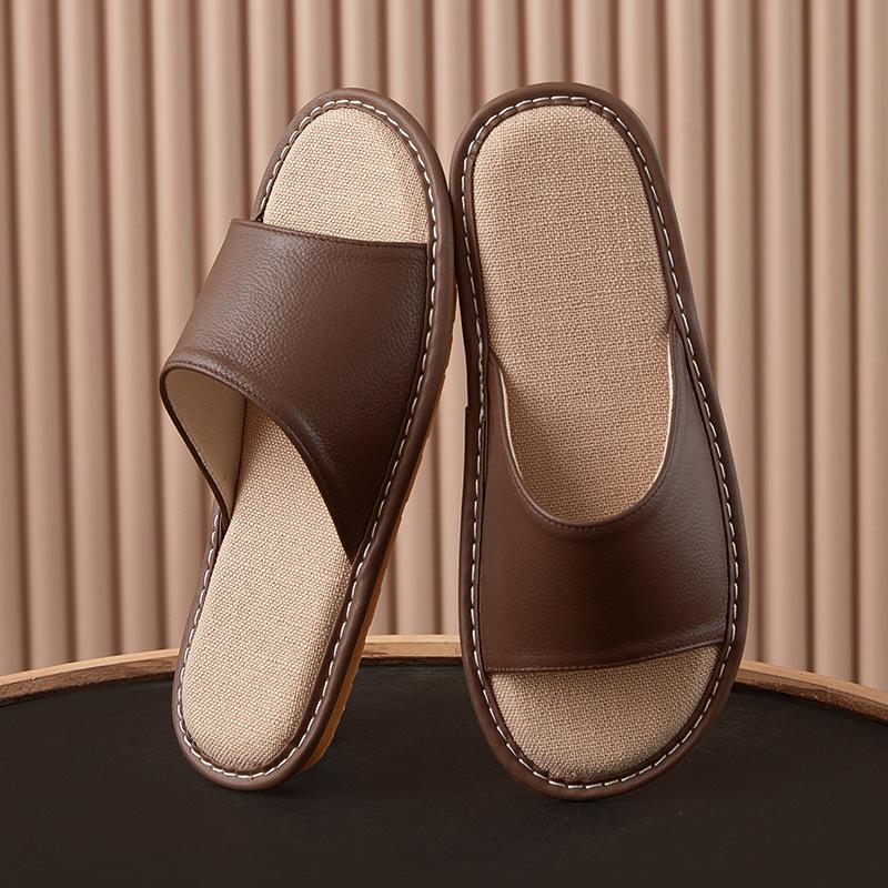 Leather slippers first layer cowhide indoor home beef tendon bottom non-slip genuine leather linen slippers women's high sense of home