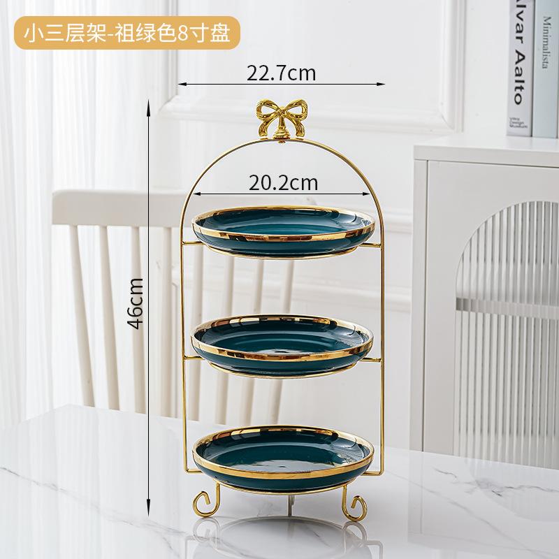 Golden Edged Double-layer Ceramic Tray, Cake Rack, Snack, Fruit Tray, Afternoon Tea Dessert Display Stand, Metal Bow Bracket