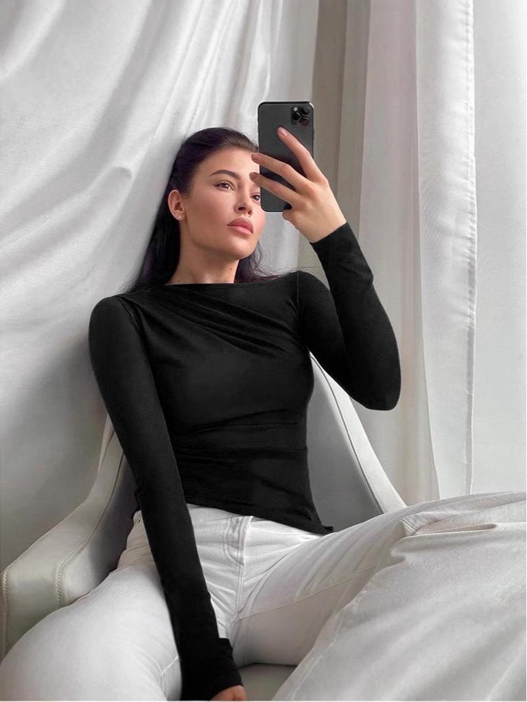 New INS Autumn/Winter Solid Color Asymmetrical Ruched Long Sleeve Slimming T-shirt Base Layer