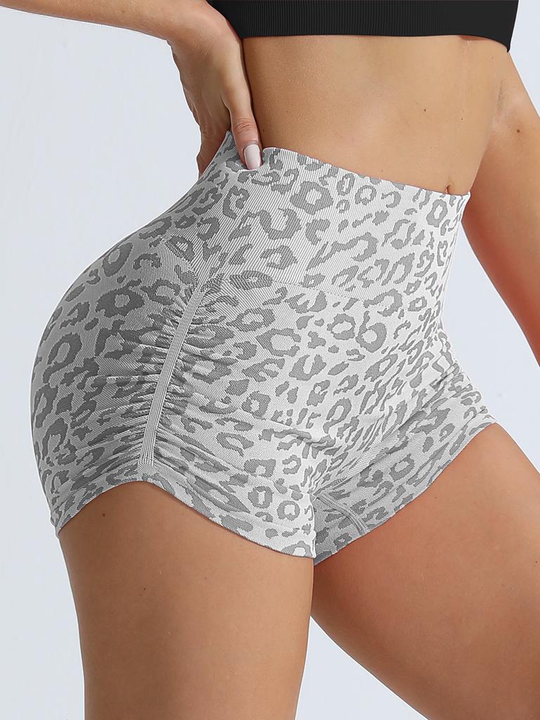Yüksek Belli Fitness Taytı Leopar Desenli Yoga Şortu Push Up Kadın Kısa Pantolon Kadın Kalça Kaldırıcı Koşu Yan Pileli Şort