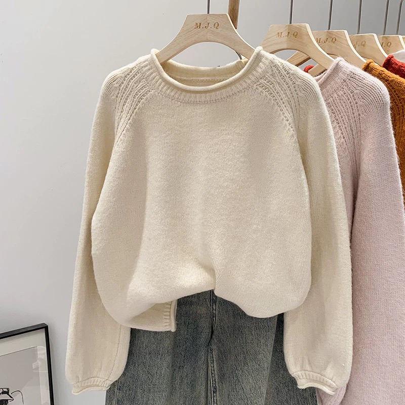 Women's Autumn & Winter Lazy Style Pink Sweater Loose Knit Top Soft Versatile Pullover Crew Neck