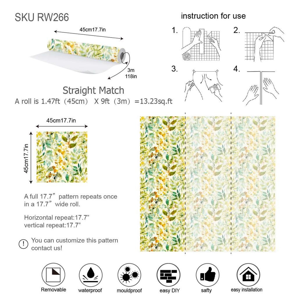 1 szt. Wodoodporna Tapeta Samoprzylepna Liście Akwarelowe Winyl do Dekoracji Sypialni Salonu