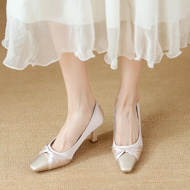 Matching high heels satin temperament thick heel light color women's shoes new single shoes spring and summer