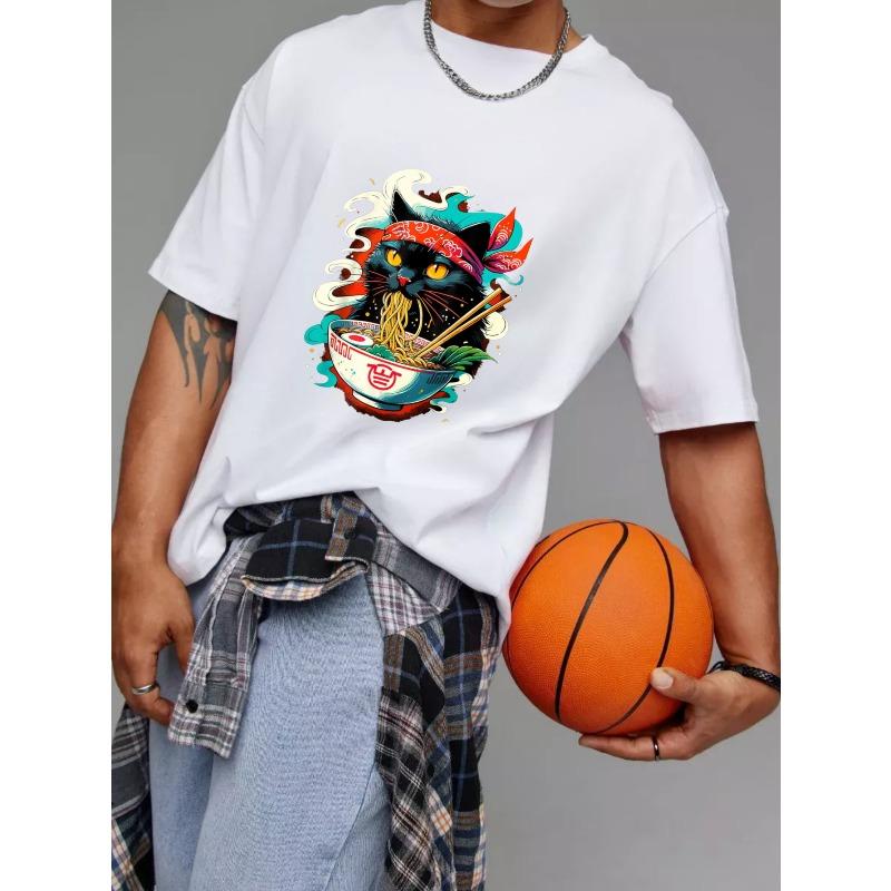 Crewneck T Shirt White Cat Eating Ramen with Chopsticks and Bowl Design for Casual Wear
