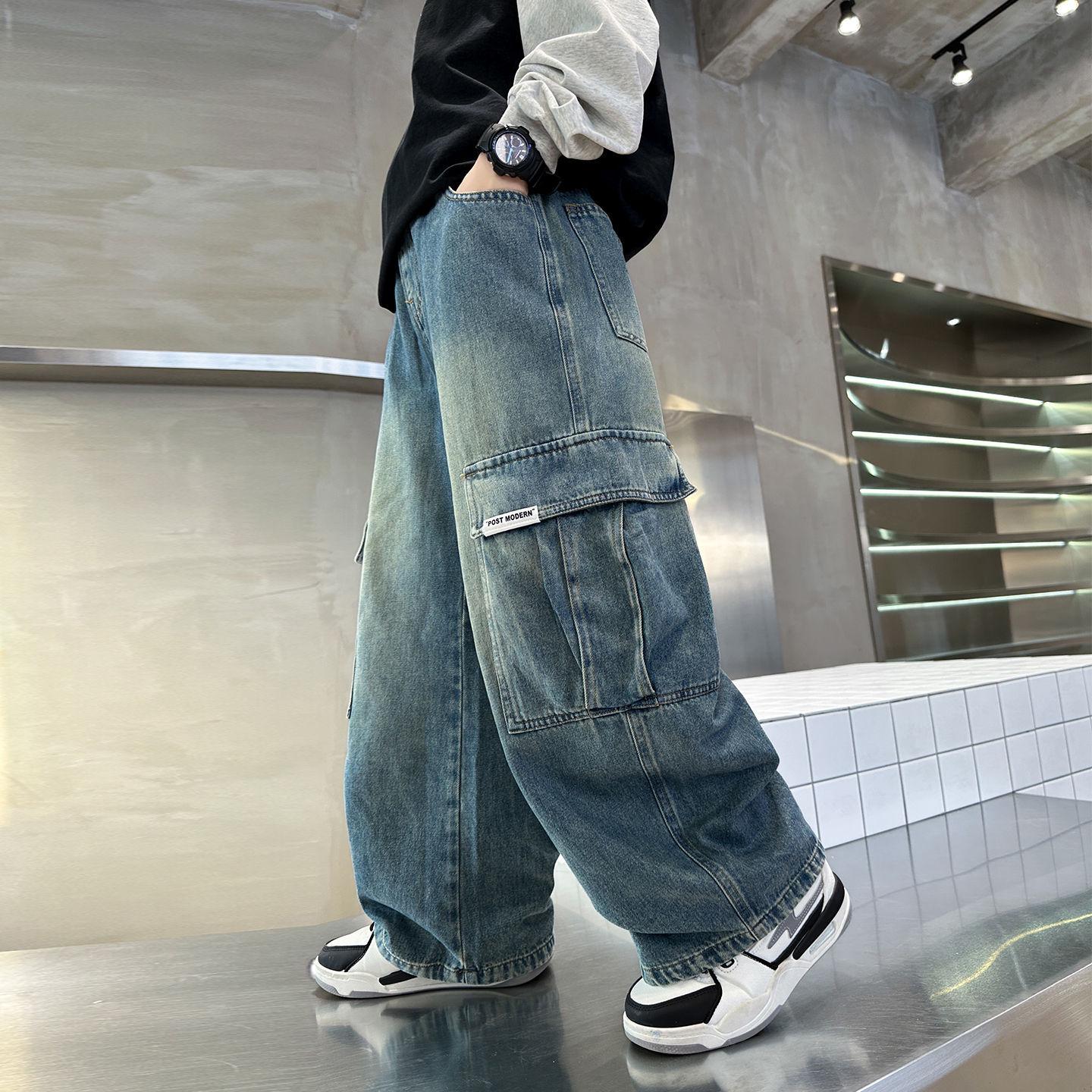 

Boys Soft Denim Jeans - Spring & Autumn 2025 Korean Style Straight-Leg Trendy Loose-Fit Workwear Pants 140 cm синий