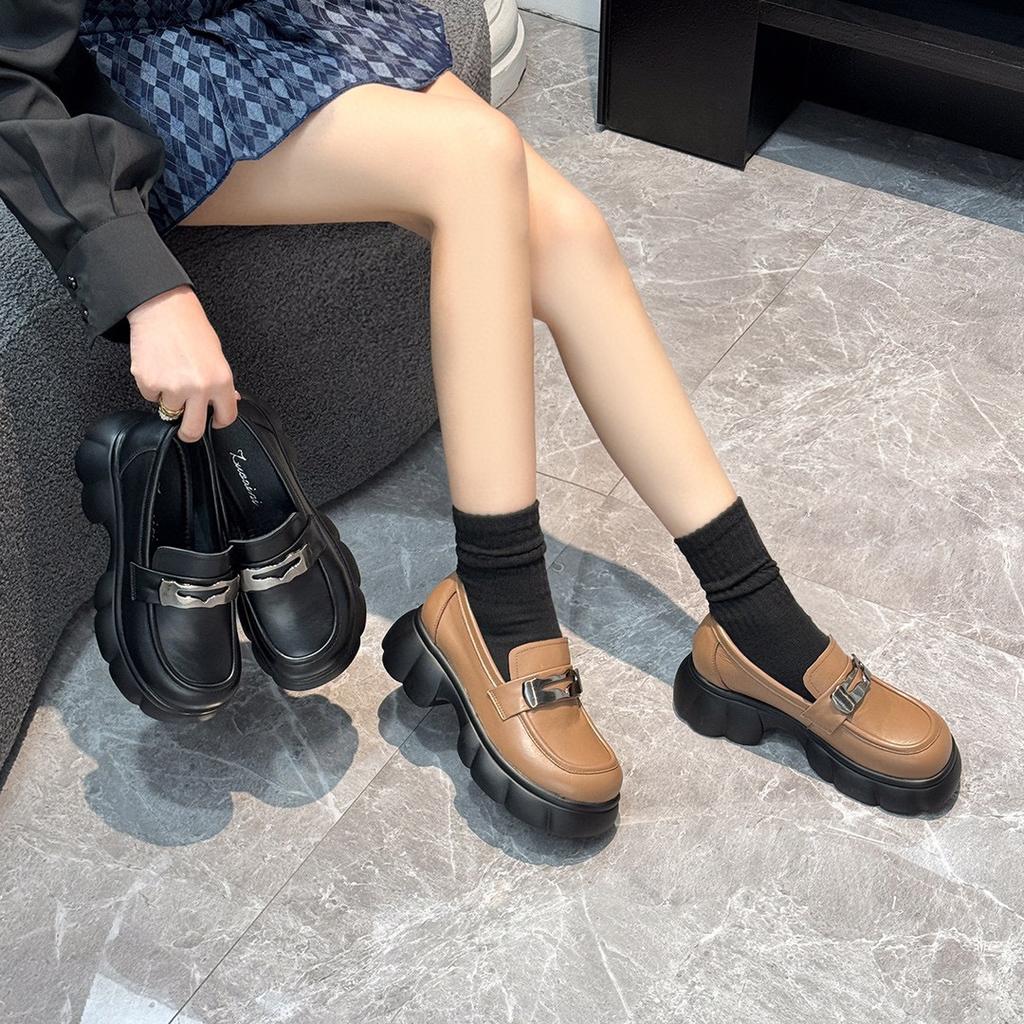 Platform Shoes Women's Spring New Round Head Metal Buckle Waterproof Table Thick Heel Single Shoes College Style Small Leather Shoes Women's Shoes
