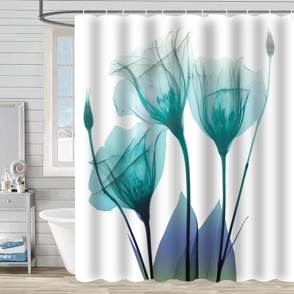 Grey Floral Shower Curtain Watercolor Tulip Flower Shower Curtains For Bathroom Waterproof Polyester Fabric Bathroom Curtain