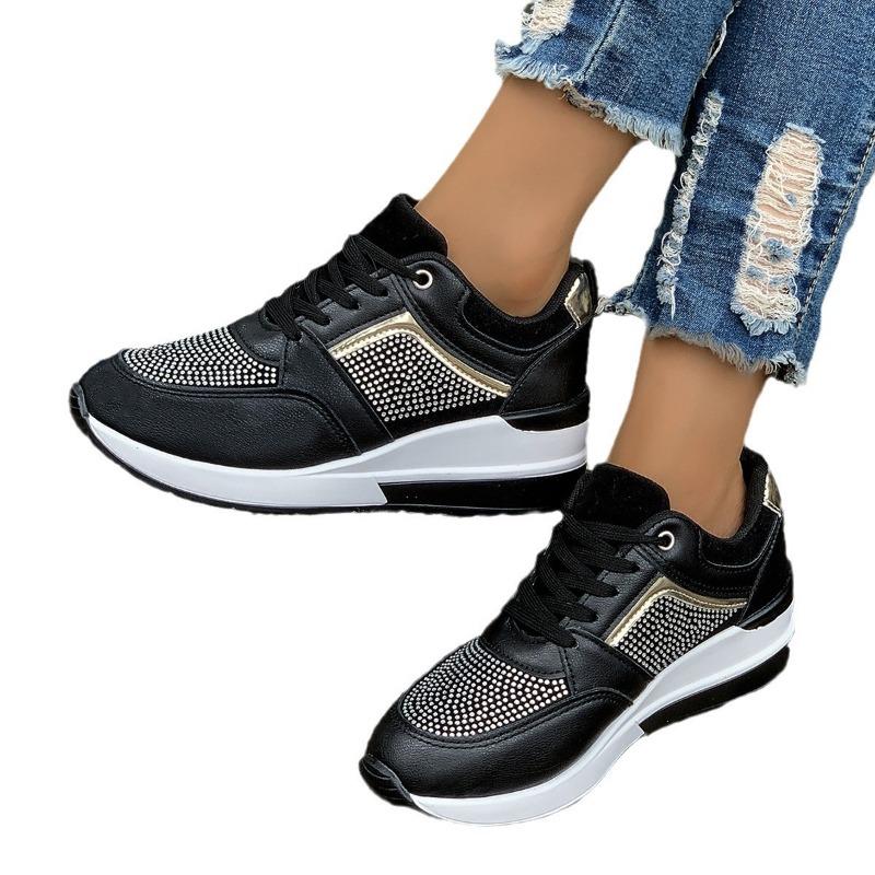 Large size sports women's leisure spring and summer new thick-soled slope heel casual shoes lace-up rhinestone sports trendy shoes