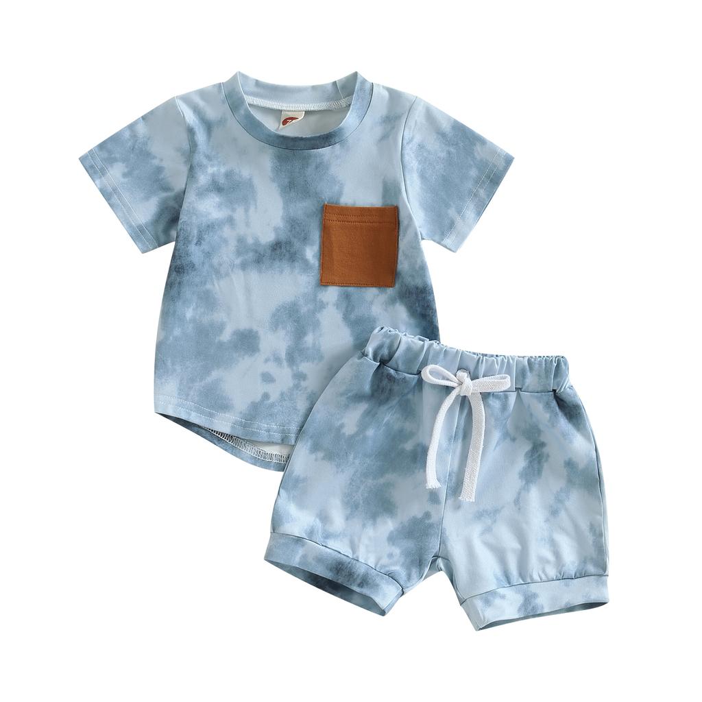 Baby Boys Shorts Set, Tie-dye Print Short Sleeve Crew Neck T-shirt with Elastic Waist Shorts Summer Outfit