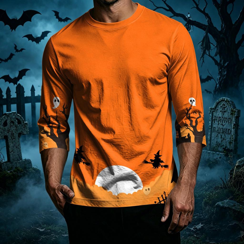 Men's Casual Halloween Graphic Crew Neck T-Shirt Three Quarter Sleeve Top Printed Design Comfortable Fit