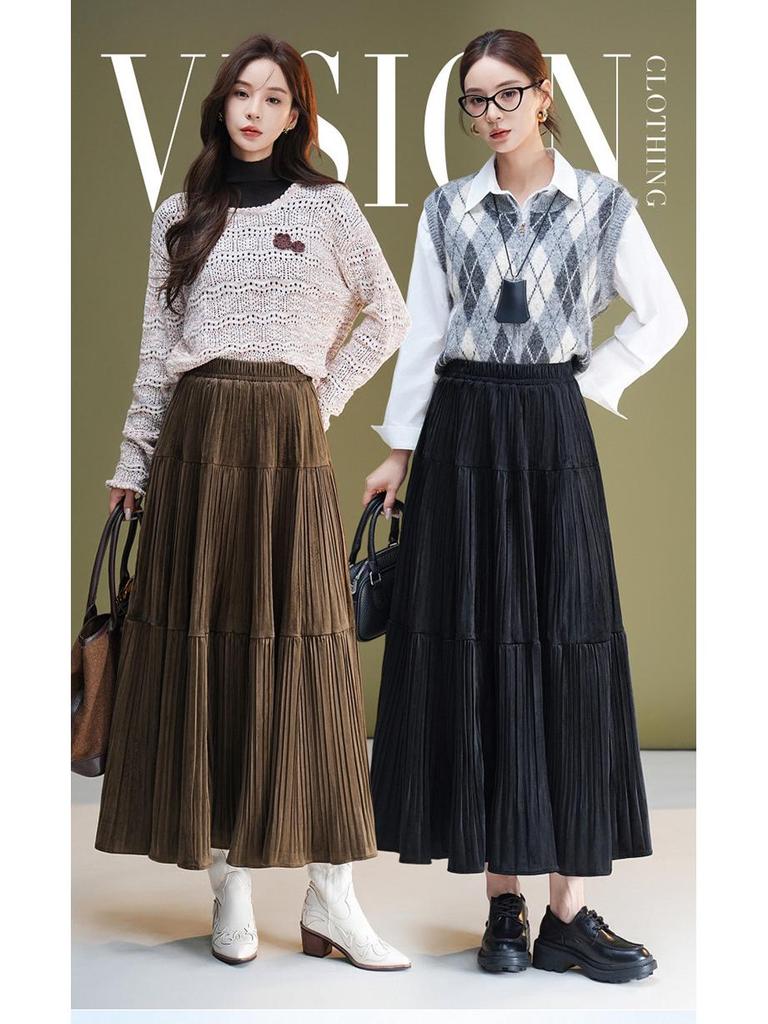 Brand Velvet A-Line Midi Skirt: Women's 2025 Autumn/Winter Elastic Waist, Slimming, Fashionable, Versatile Long Skirt