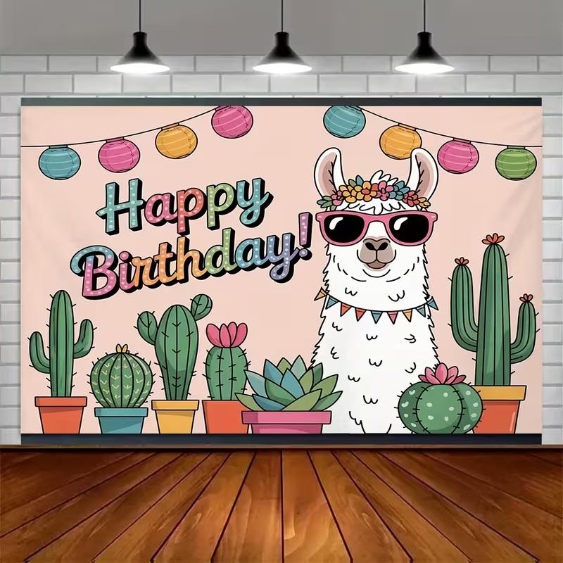 2D Cartoon Alpaca Happy Birthday Backdrop with Sunglasses & Cacti