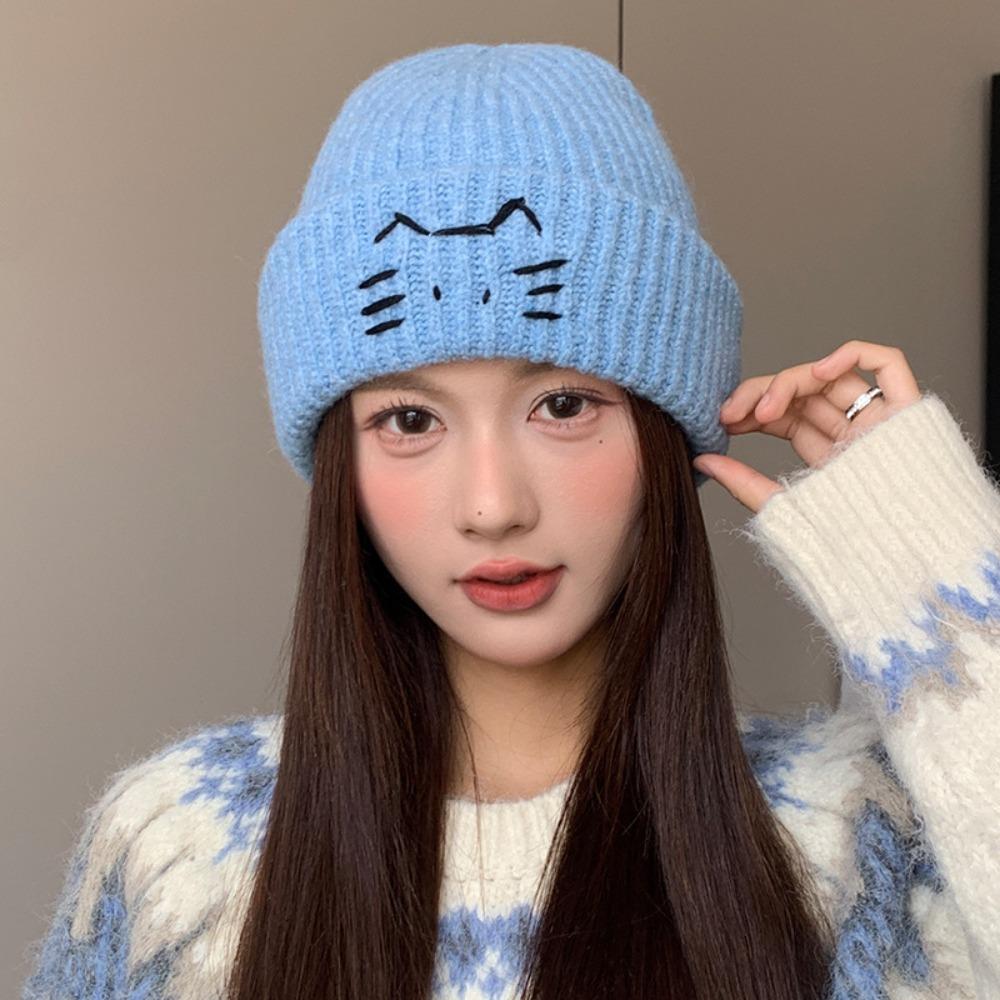 Embroidered Kitten Knit Beanies Warm Printing Knit Cap Cute Cat Knitted Hat  Apparel Accessories