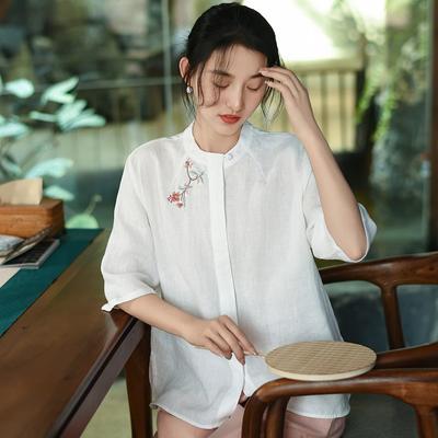 Women Vintage Embroidery Floral Shirts Tops Stand Seven Sleeve Button Blouses Chinese Style Shirts