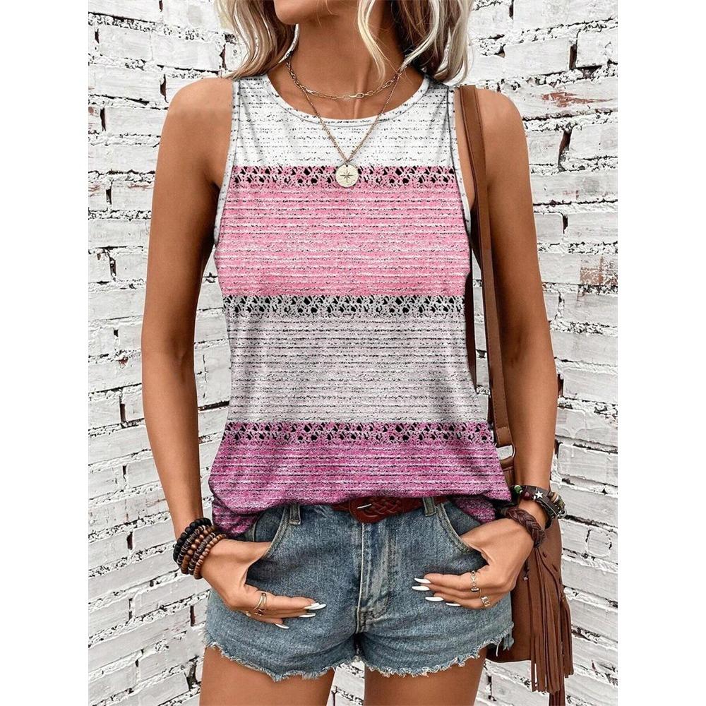 Fashion vest retro striped 3D printed women's casual round neck vest