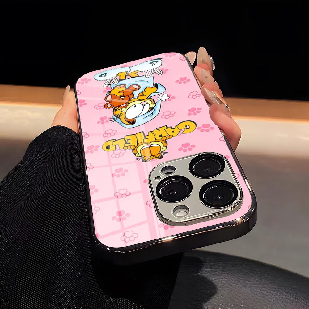 G-Garfield Phone Case Luxury Glass Phone Case For IPhone 17 16 15 14 13 12 11 Pro Max Plating Frame Cover