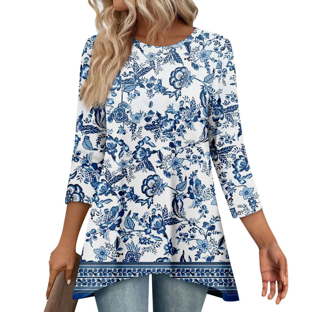 Tunic Tops For Women Loose Fit Prints Tops 3/4 Length Sleeve Womens Tops With Asymmetrical Hem