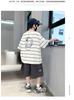 Boys' Summer Outfit Set 2026 New Item, Mid Size Children's Summer Boys' Thin Short Sleeved Children's Sports Striped Top, Trendy