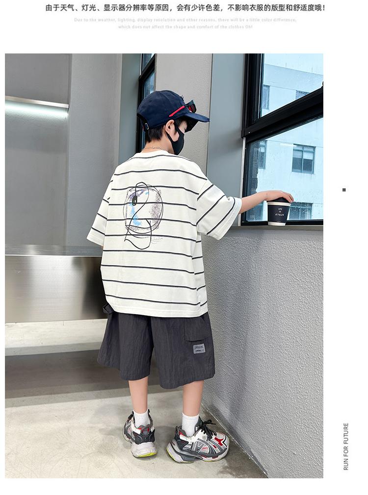 Boys' Summer Outfit Set 2026 New Item, Mid Size Children's Summer Boys' Thin Short Sleeved Children's Sports Striped Top, Trendy