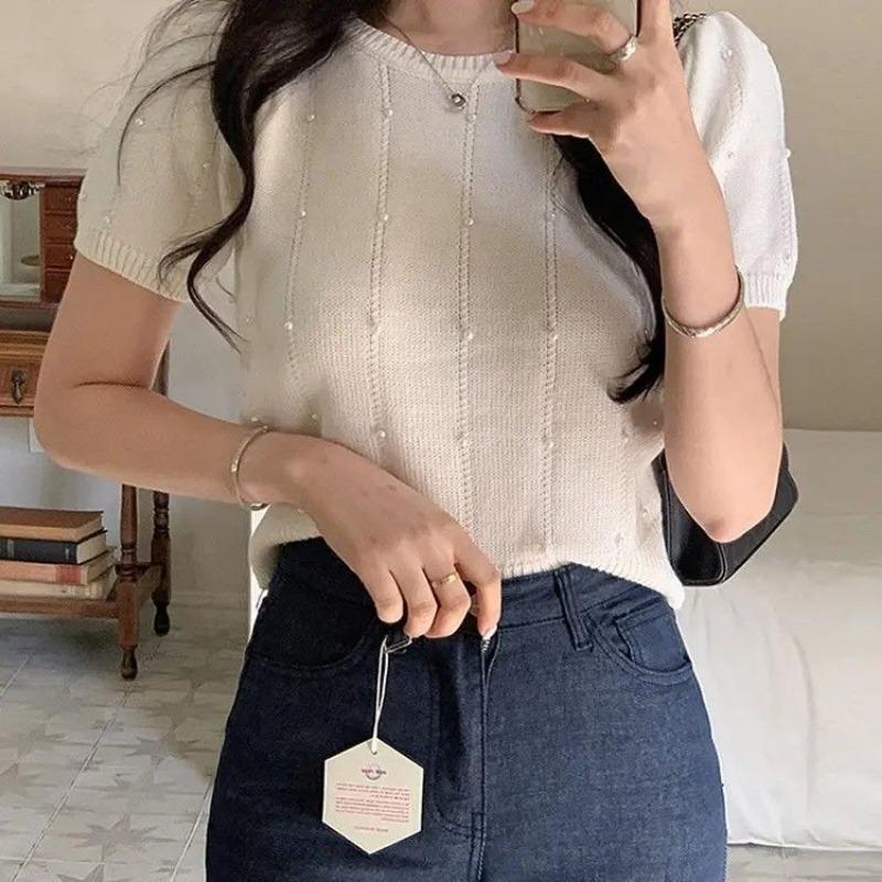 Women Elegant Pearl Decor Puff Sleeve Knit Short Sleeve T Shirt