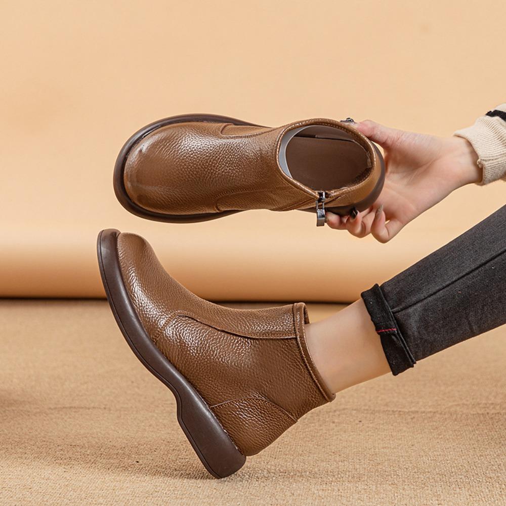 Genuine Top Layer Cowhide Mom Boots, Wool Lined Warm Martin Boots, Thick Sole Soft Leather Winter Short Boots for Women SA‑810