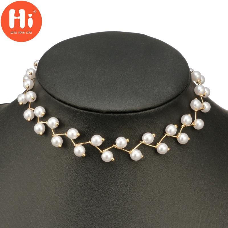 Hi Necklaces Elegant White Imitation Pearls Short Choker Necklace Handmade Neck Jewelry for Women