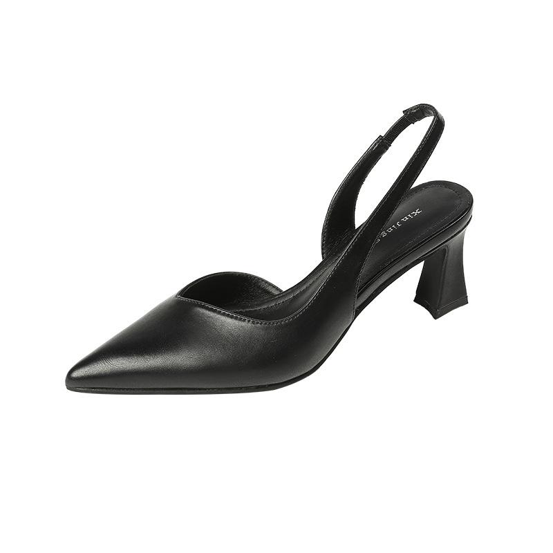 97199-3 Xiaoxiangfeng simple bag head sandals women's new rear empty shallow mouth pointed high heels thick heel women's shoes