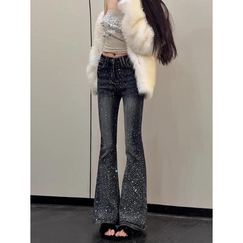 Plus Size Trendy Retro Jeans Women American Style Rhinestone Flared Pants Fashionable and Unique