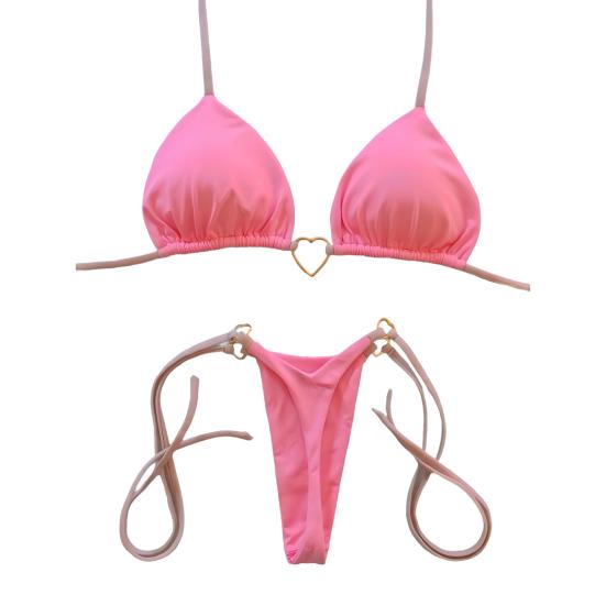 2Pcs/Set Women Bikini Set Heart Metal Buckle Halter Lace-up Swimsuit with Briefs Set