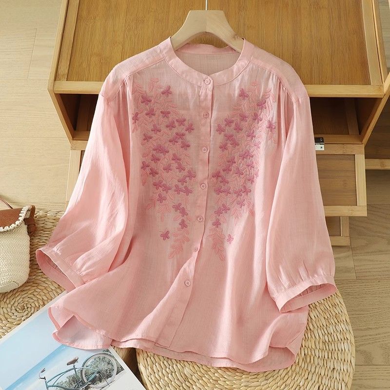 Women Oversized Summer Vintage Ethnic Shirts Cotton Linen Embroidery Loose Casual Tops Plus Size Clothing