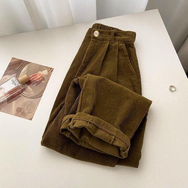 Retro cordfløyelbukser med høy midje Kvinner Vår Høst Rett Uformell bukser i full lengde Koreansk mote Baggy All Match Black Pant Plus Size