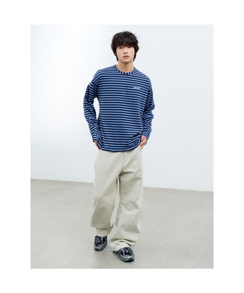 Saendeusaundeu (Unisex) Awning Stripe Long Sleeve T-Shirt Blue