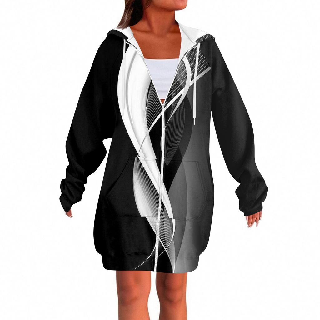 Women's Fashionable Printed  Long Sleeved Drawstring Hooded Zipper Pocket Long Casual Sweatshirt Jacket