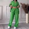 New Women's Solid Color One-Button Long Sleeve Shirt Two-Piece Set Wide Leg Pants with Tie Waist Trousers for Women