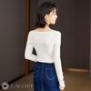 Boat Neck Knit Top with Ribbon Slim J-Scott Motif, Lightweight, Soft, Fit, 1/4 Sleeves, White, JS112-WH-L