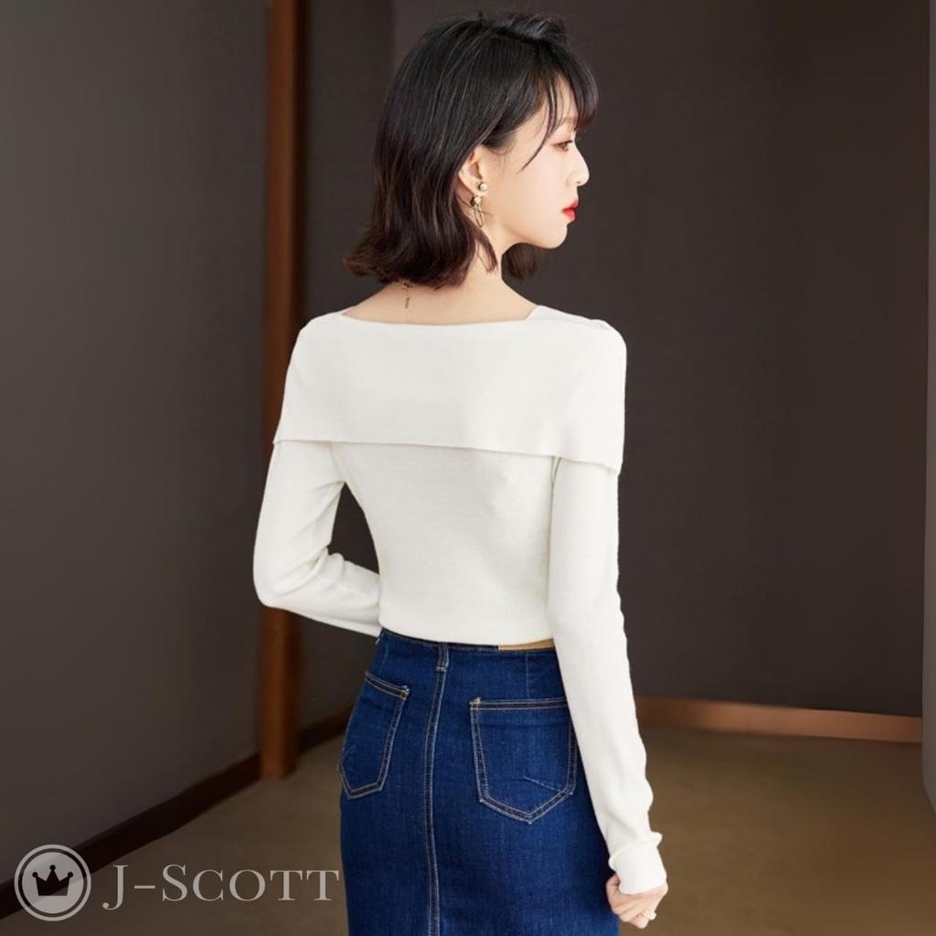 Boat Neck Knit Top with Ribbon Slim J-Scott Motif, Lightweight, Soft, Fit, 1/4 Sleeves, White, JS112-WH-L