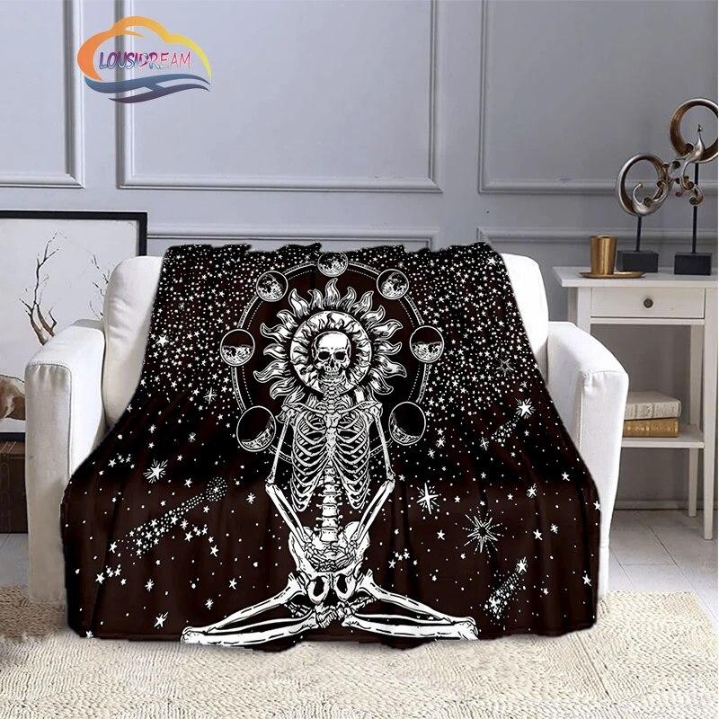 Pentacle & Moon flanellfilt, Skull Witchy Wicca Pagan Black and White Mystical Gothic Solfilt