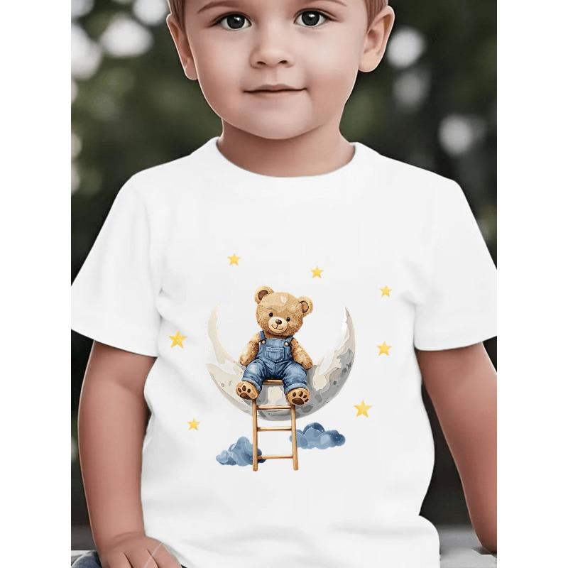 European Sizes Boys' Short-Sleeve New Spring/Summer/Autumn Cartoon Bear, Moon, and Stars Print Cute Baby Top