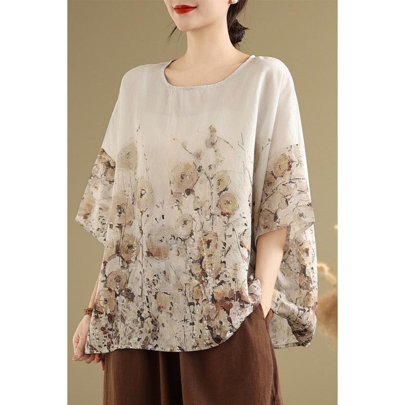 Ethnic Style Summer Blouse Cotton Ethnic Style Shirt Bat Sleeve Loose Large Round Neck T-shirt for Women