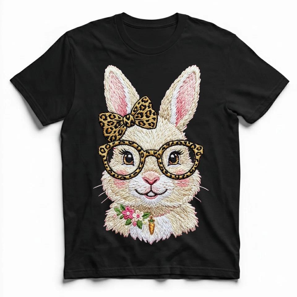 Faux Embroidered Leopard Bunny Glasses Bow T-Shirt Cute Easter Spring Animal Tee 2XL
