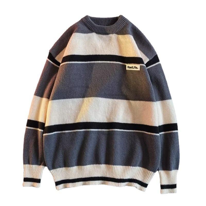 Unisex Oversized Long Sleeve Knit Sweater Casual Loose Fit Striped Design Fall Winter Pullover Youth