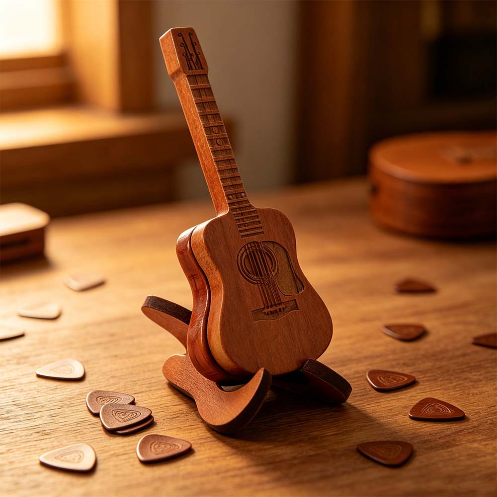 Wooden Material Guitar Pick Box Guitar Shape Guitar Pick Case Musician Storage
