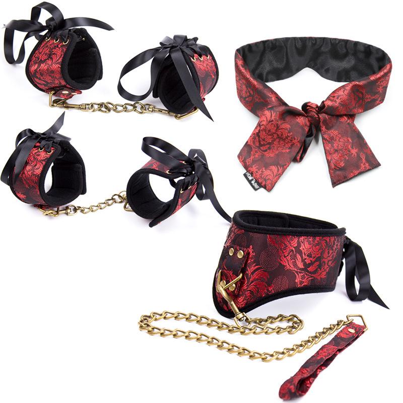 Retro Court Chinese Style Fabric Restraint Set: Foot Cuffs, Gag Ball, Eye Mask, Leash, Collar.