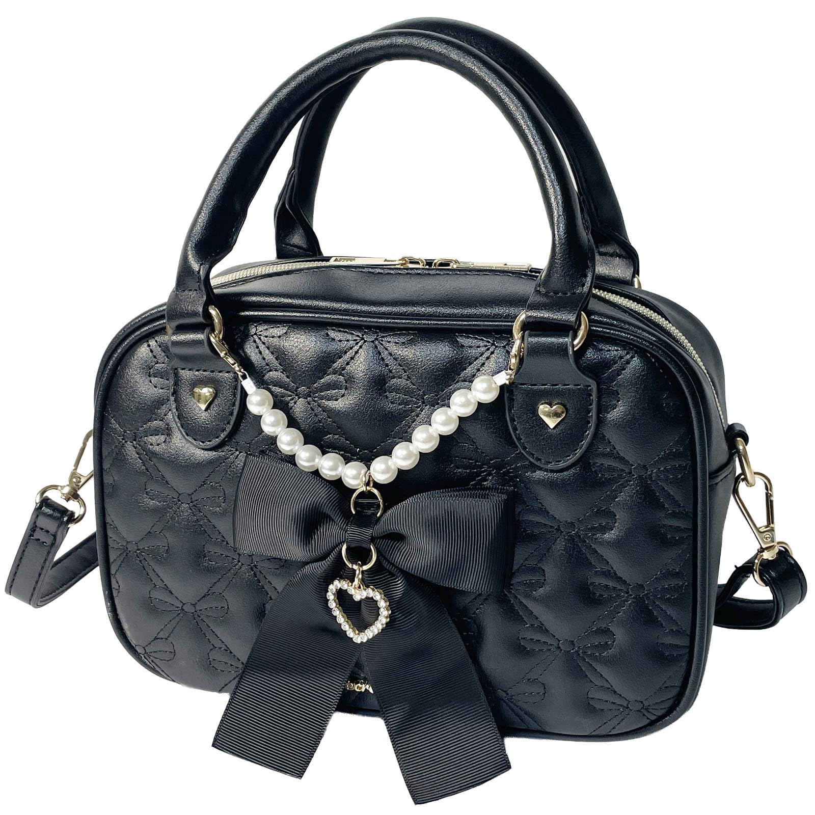 

Crossmarbury Women s Mini Boston Bag, 2-Way Shoulder Bag, Small, Ribbon, Crossbody, Black, Zipper closure, Casual, Faux Leather, R124 BLACK