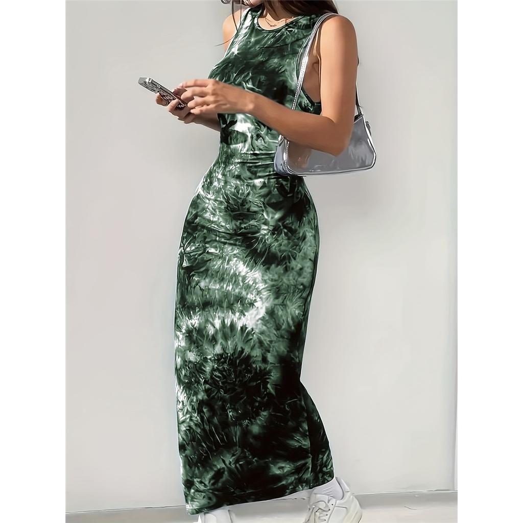 Women's Sleeveless Round Neck Tie-dye Printed Tight Vest Dress
