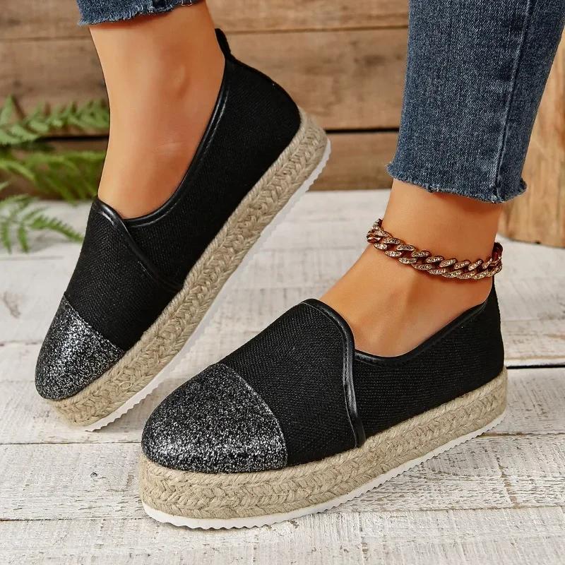 Fashion Leisure Women's Weave Loafers Non Slip Flat Round Toe Breathable Slip On Ladies Flats Women Thick Platform Lazy Canvas Shoes