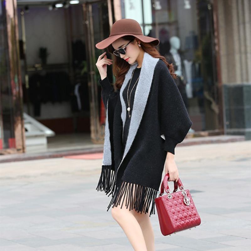 Shawl solid color sweater with sleeves double-sided knitted thick tassel scarf autumn and winter cape cardigan jacket
