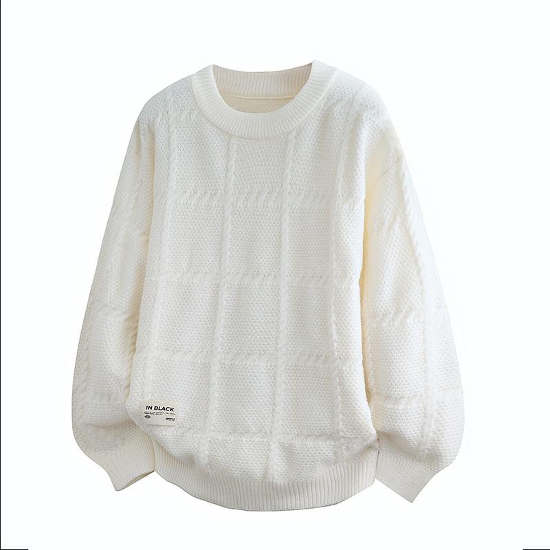 

Осень и Зима Свободный Пуловер Мужской Вязаный Корейский Стиль Однотонный С Круглым Вырезом Топ L белый