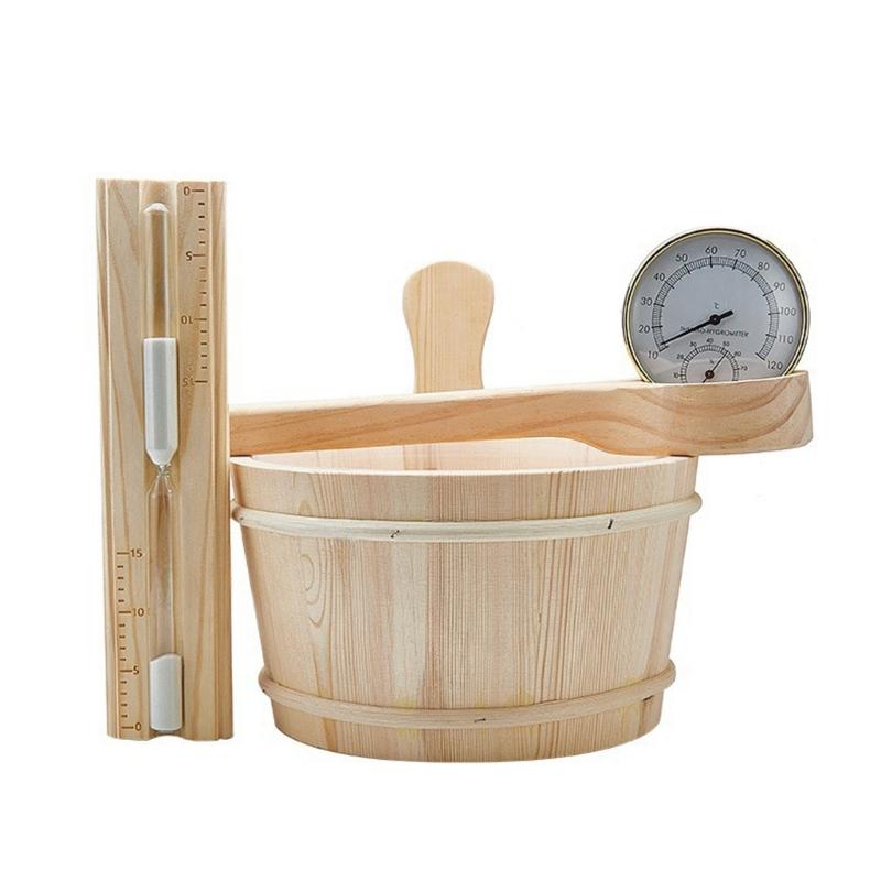 Sauna Accessories Set Includes Wood Bucket Long Handle Spoon Hourglasses Thermograph for Steam Room Bathroom Enduring